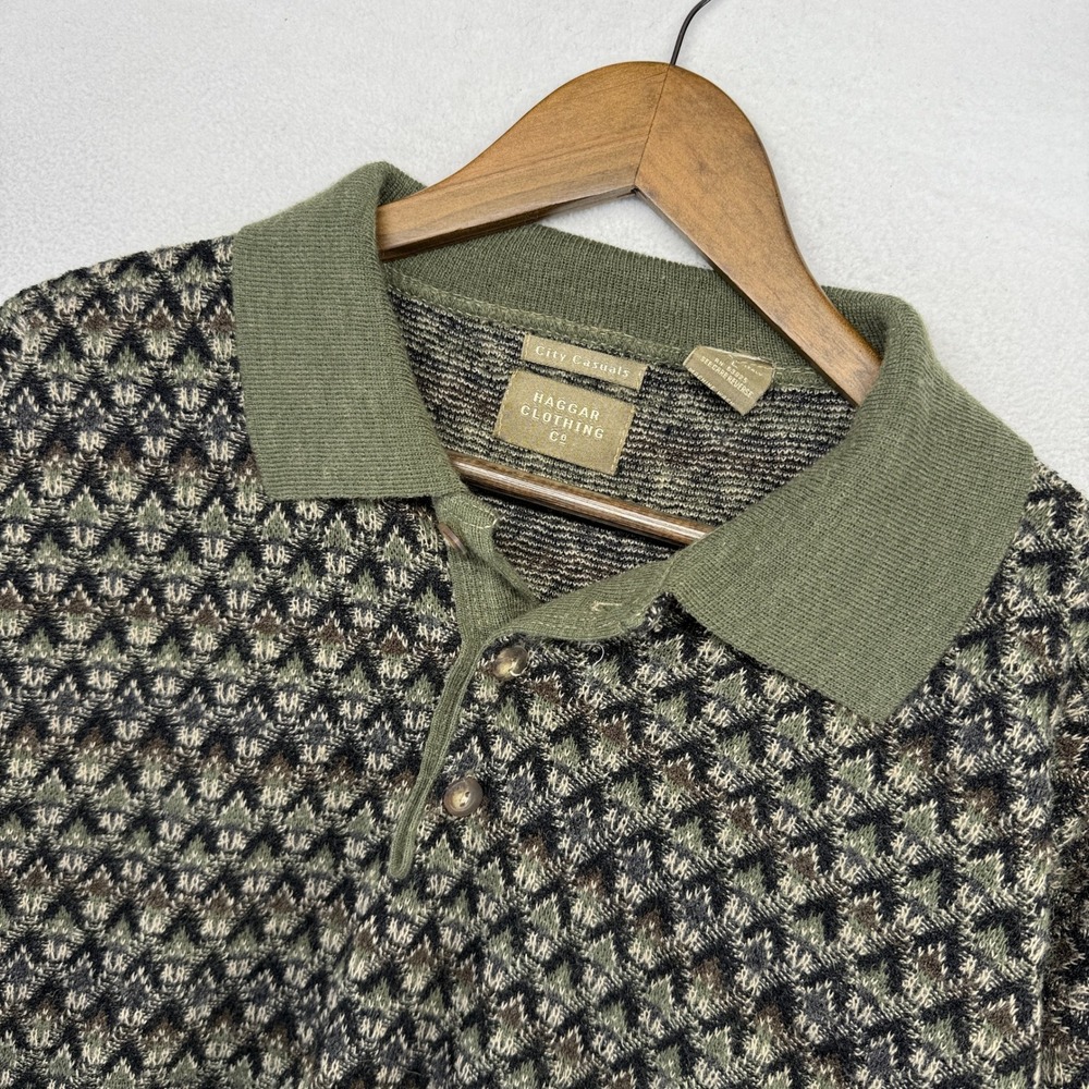 Vintage Grandpa Sweater Polo Mens Large Green Black Geometric Retro Wool Italy